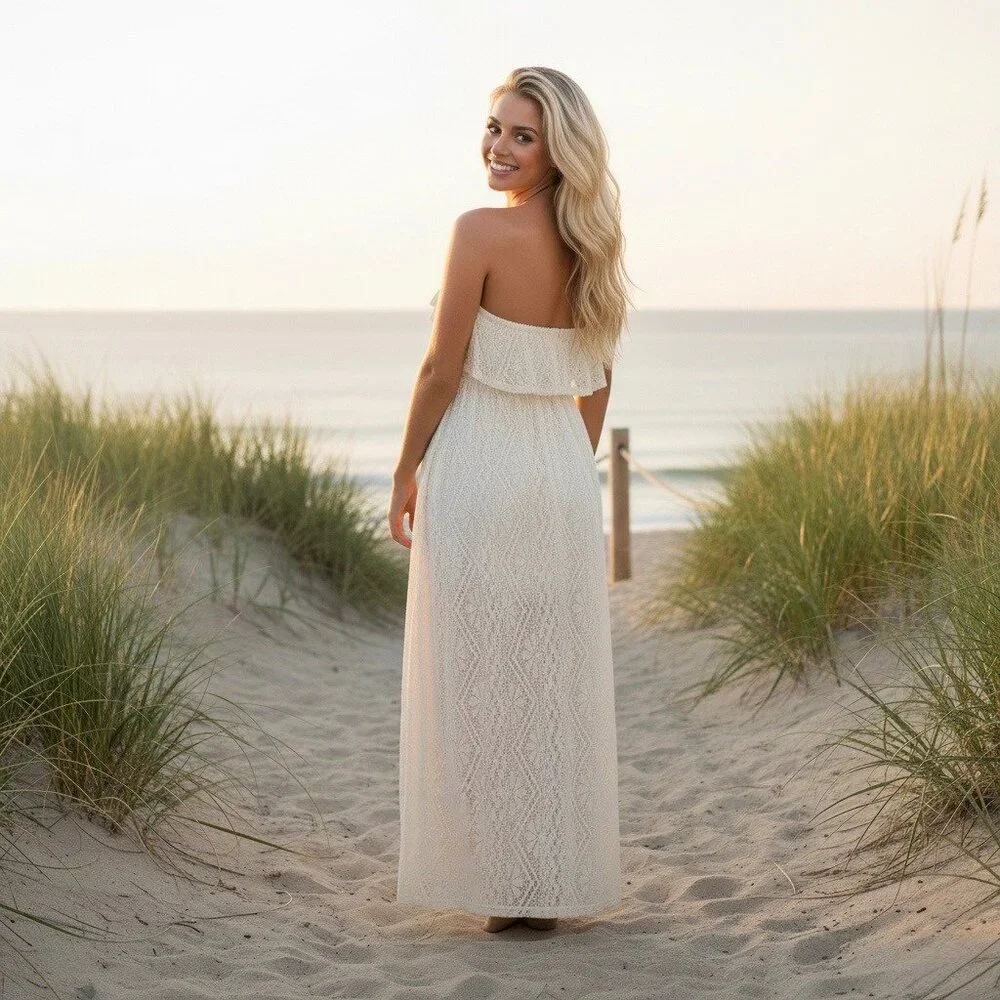 Vtg F21 Cream Lace Ruffle Hem Strapless Maxi Dress | Y2K Coquette Coastal Boho S - Picture 9 of 16